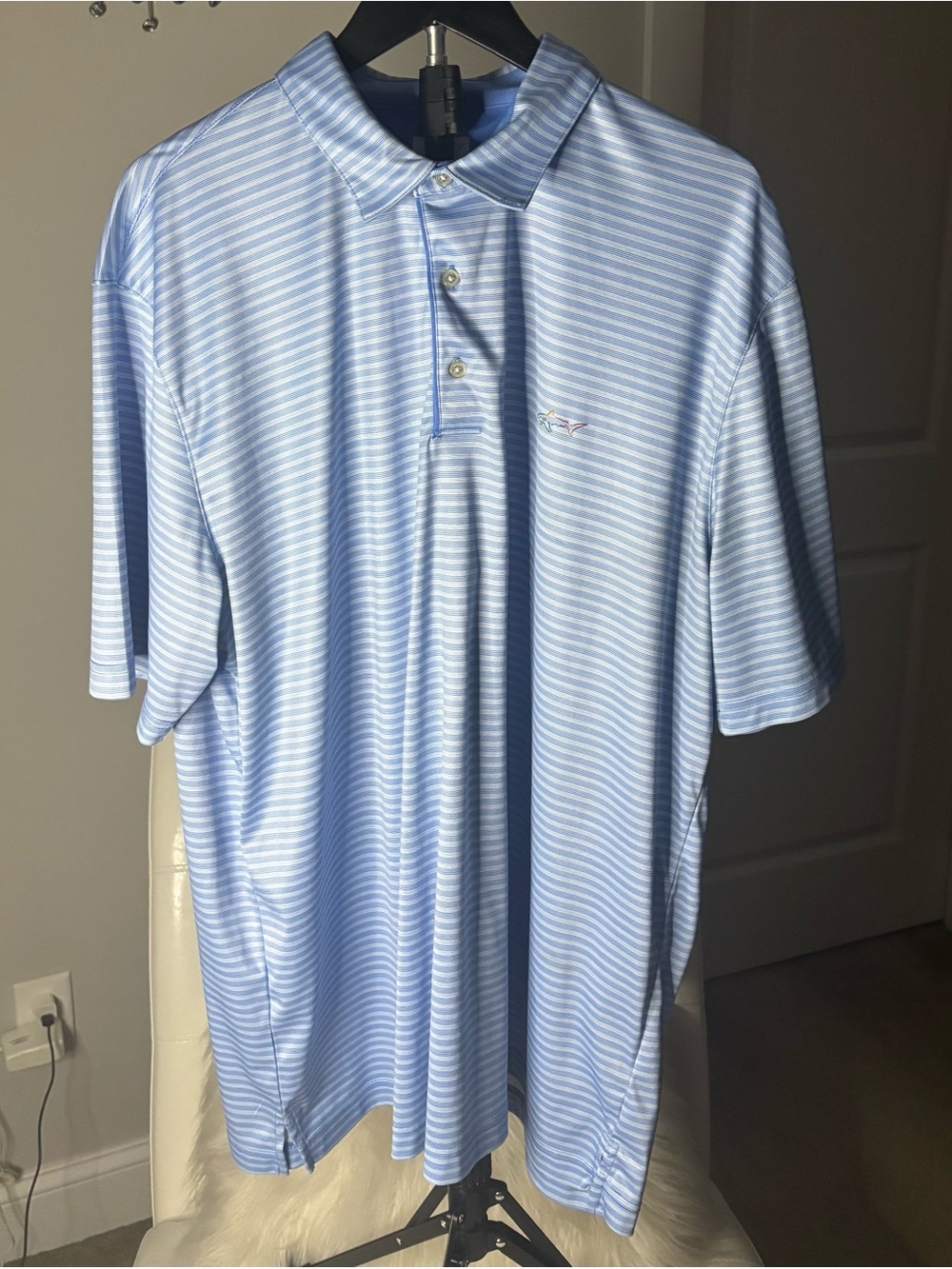 Greg Norman Collection Light Blue & White Striped Polo